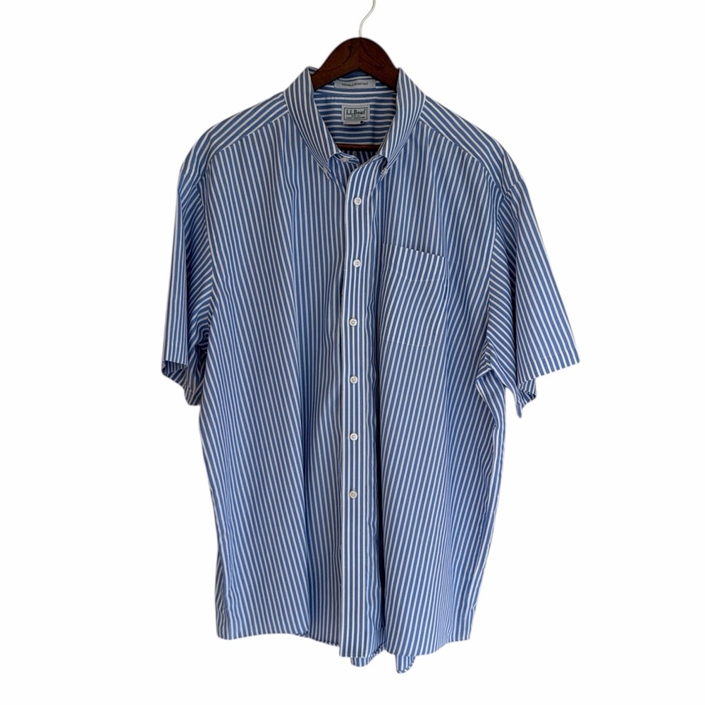 LL Bean short sleeve button down shirt size 2XL blue white stripe classic preppy